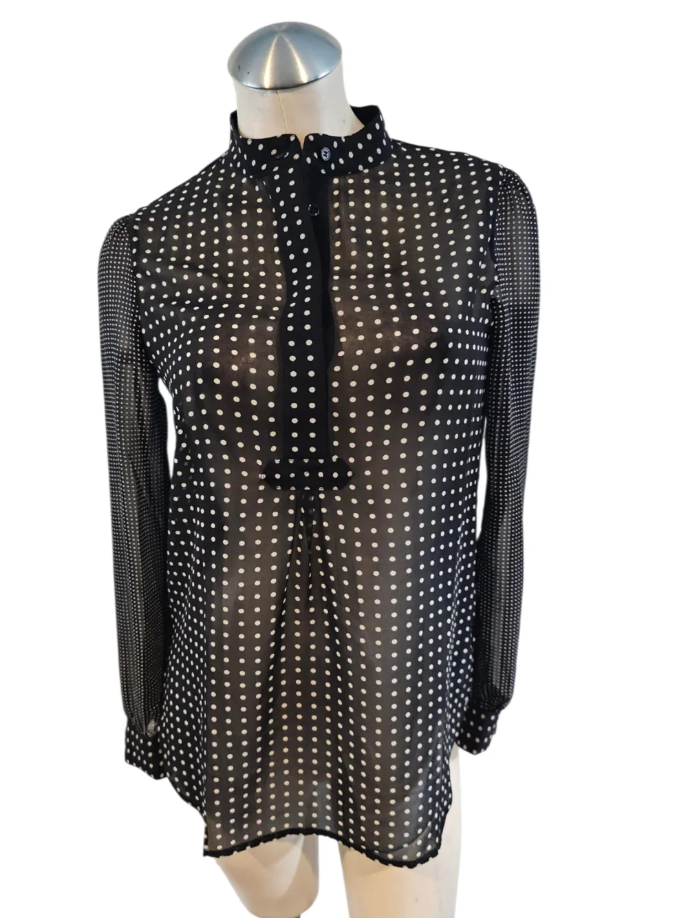 Anne Klein Size 0 Semi Sheer Blouse Black Off White Polka Dots - Picture 1 of 7